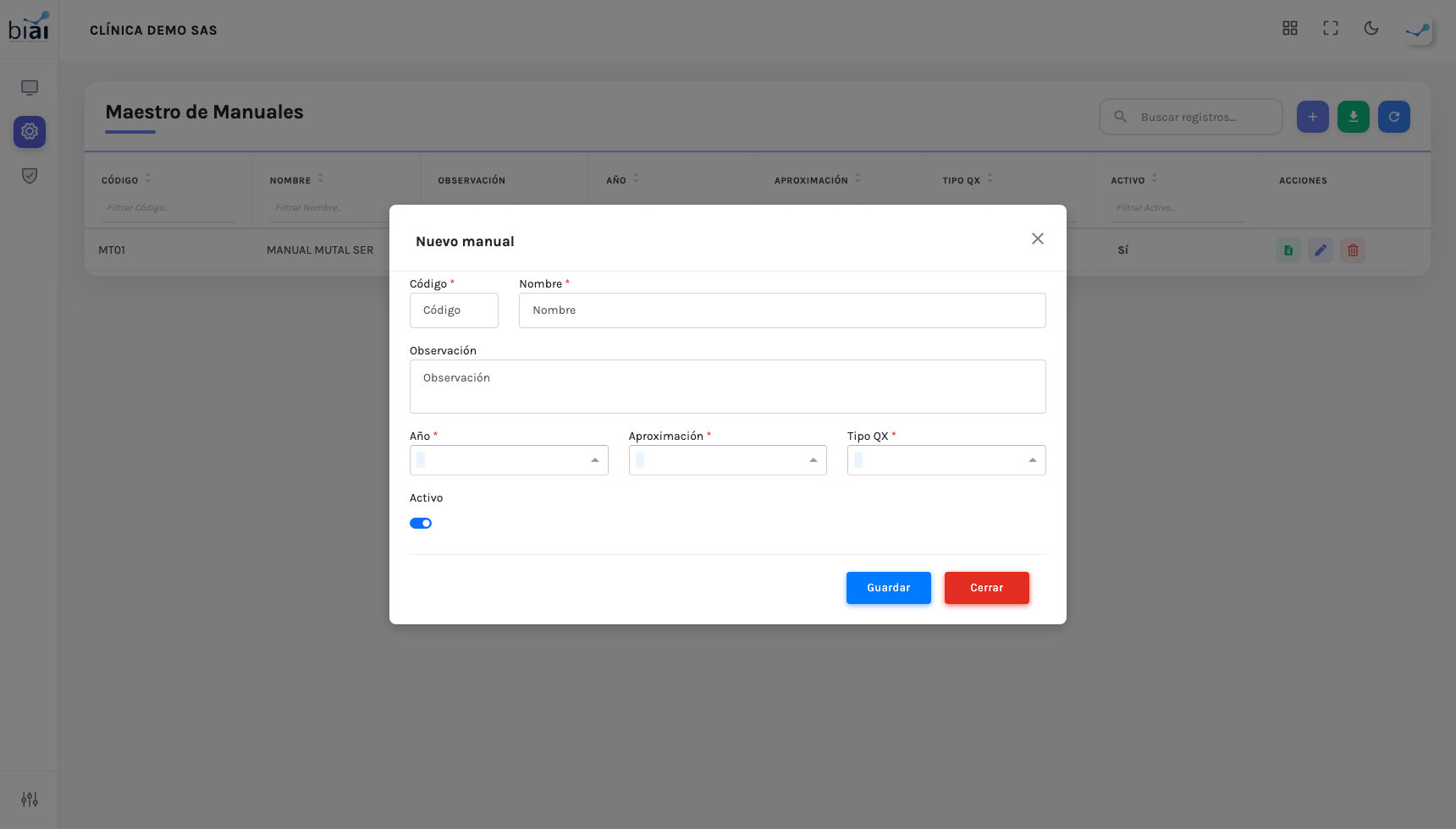 Modal de Tarifas de un manual