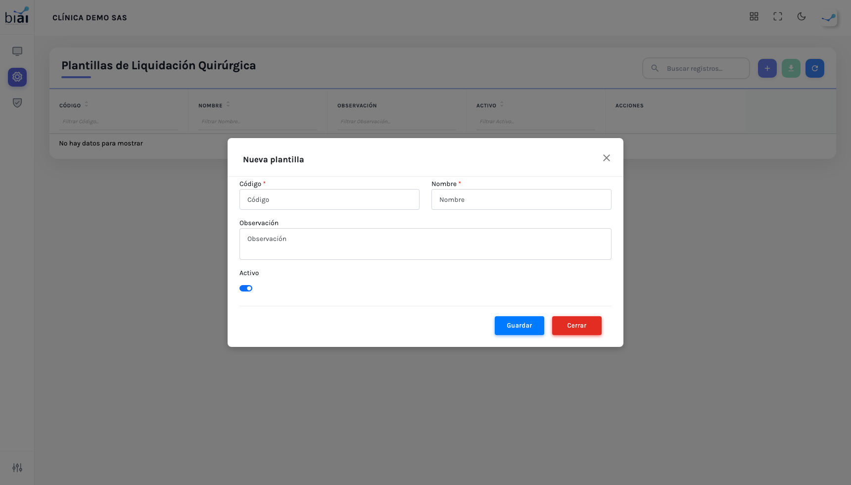 Modal de Conceptos de una plantilla de liquidación QX